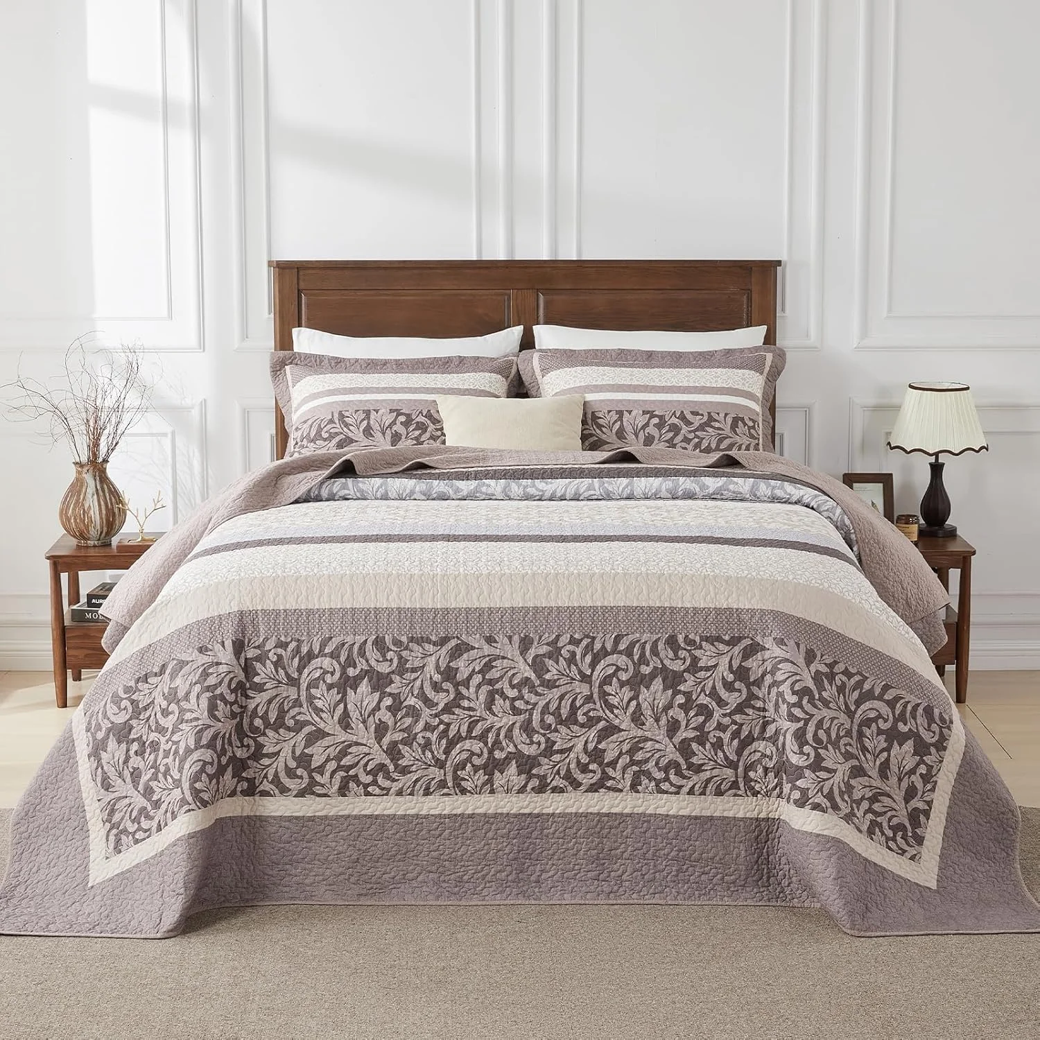 SahSahCasa 100% Cotton 120"x120" Oversized King Quilt Bedspread - California King Quilted Extra Large Comforter Lightweight Bedding Set, Cal King XL Striped Floral Bed Spread, Brown/Gray