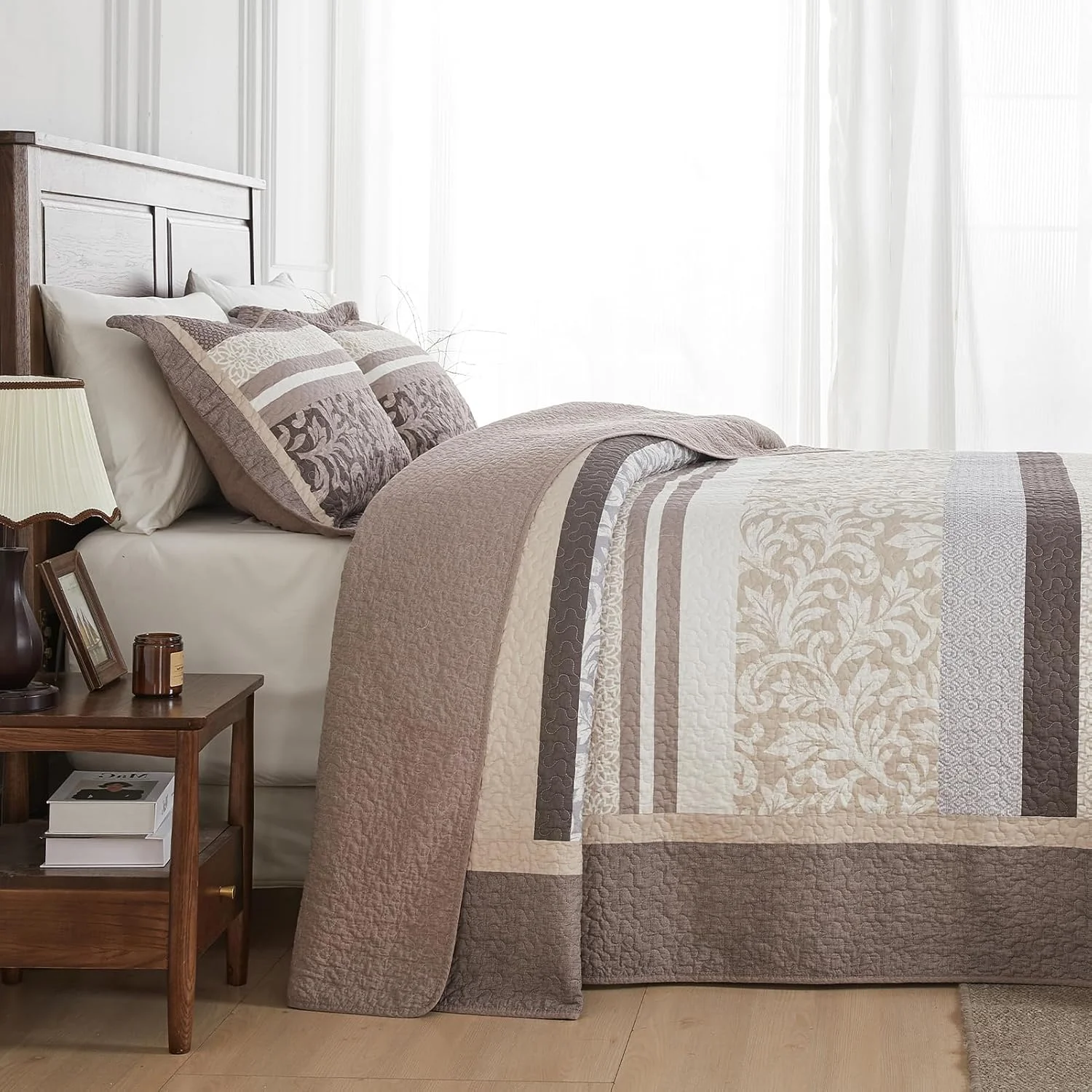 SahSahCasa 100% Cotton 120"x120" Oversized King Quilt Bedspread - California King Quilted Extra Large Comforter Lightweight Bedding Set, Cal King XL Striped Floral Bed Spread, Brown/Gray