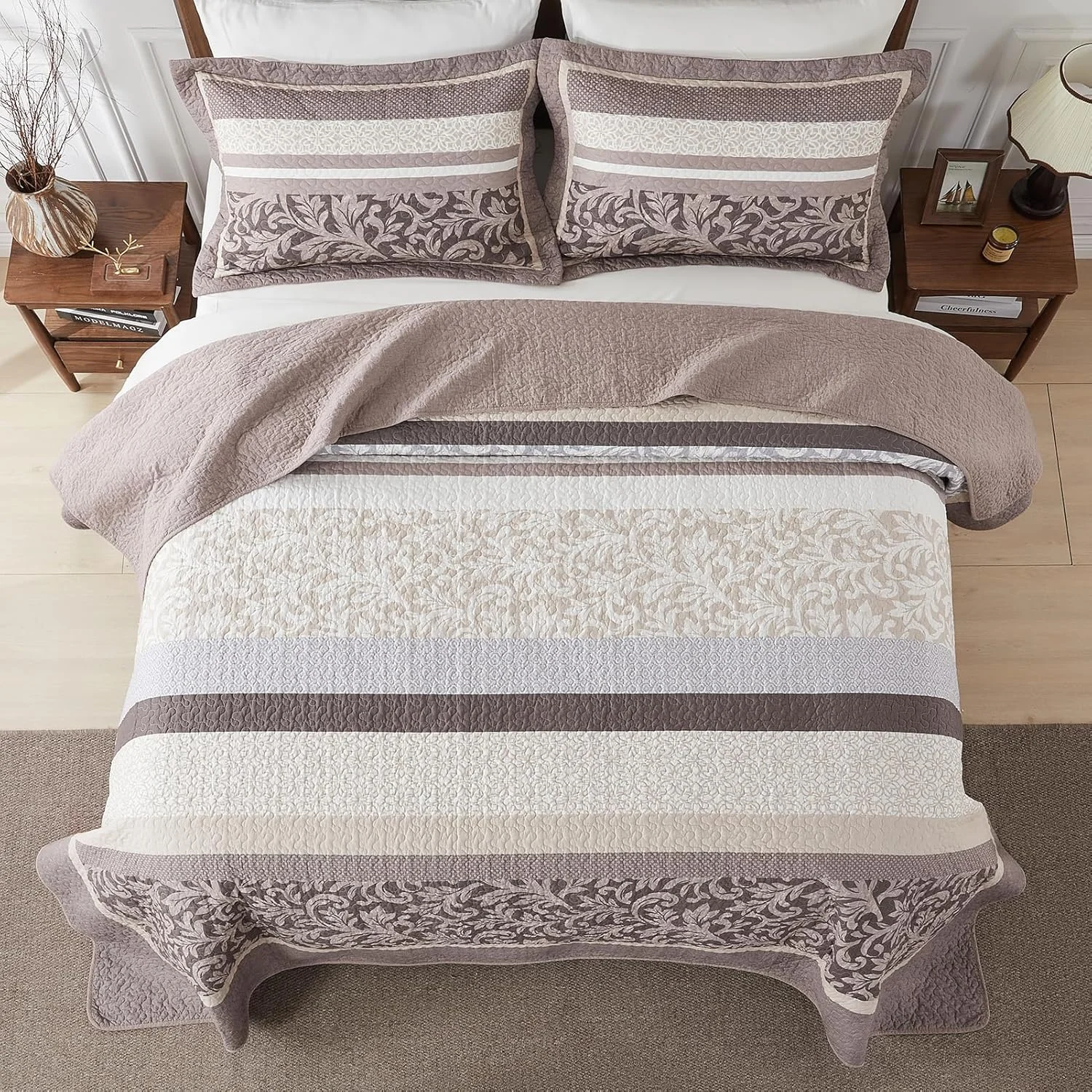 SahSahCasa 100% Cotton 120"x120" Oversized King Quilt Bedspread - California King Quilted Extra Large Comforter Lightweight Bedding Set, Cal King XL Striped Floral Bed Spread, Brown/Gray