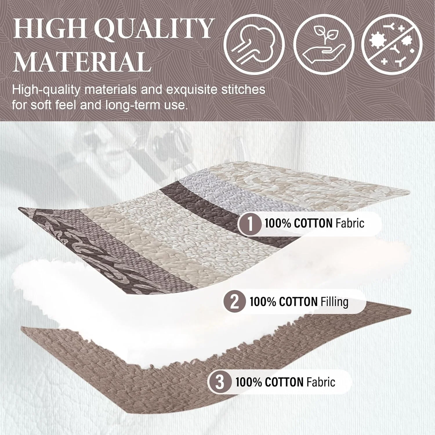SahSahCasa 100% Cotton 120"x120" Oversized King Quilt Bedspread - California King Quilted Extra Large Comforter Lightweight Bedding Set, Cal King XL Striped Floral Bed Spread, Brown/Gray