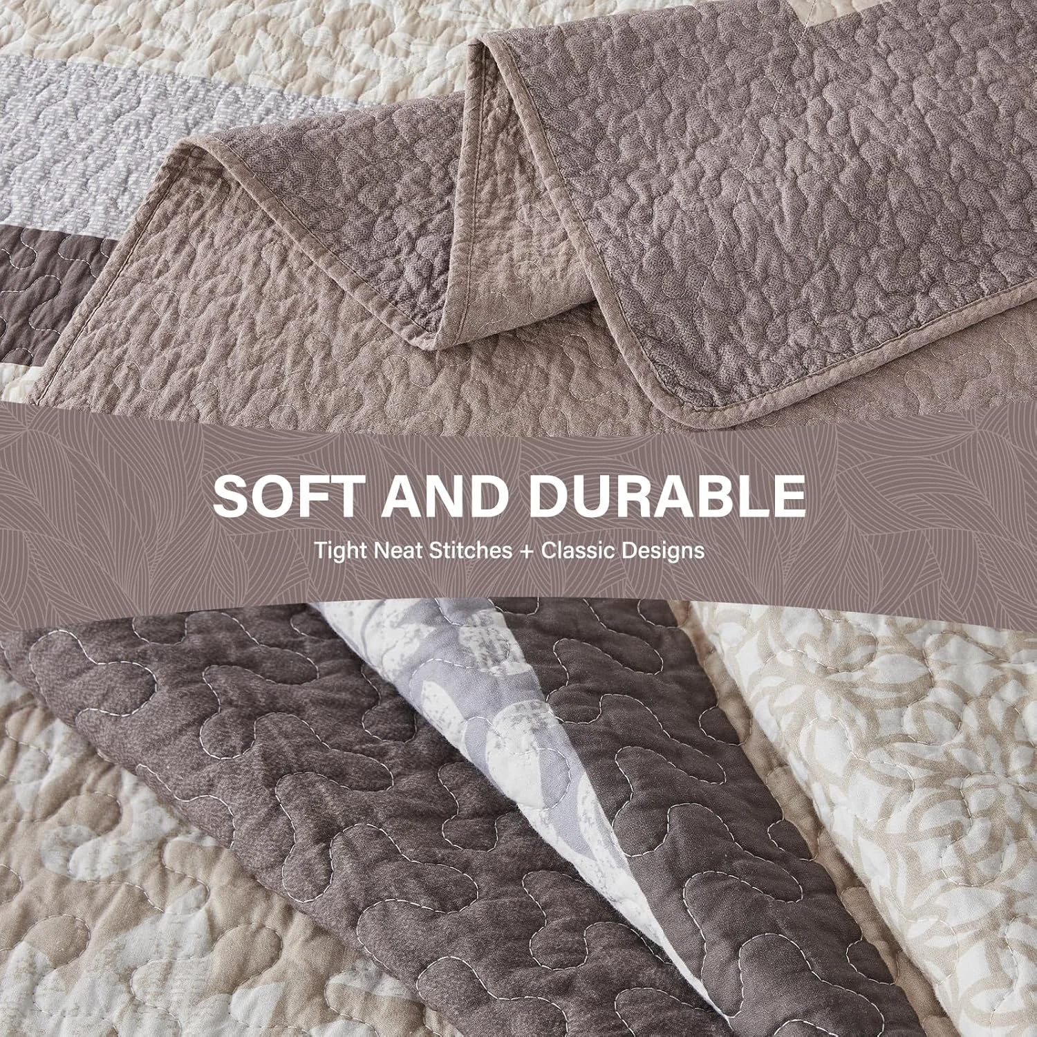 SahSahCasa 100% Cotton 120"x120" Oversized King Quilt Bedspread - California King Quilted Extra Large Comforter Lightweight Bedding Set, Cal King XL Striped Floral Bed Spread, Brown/Gray