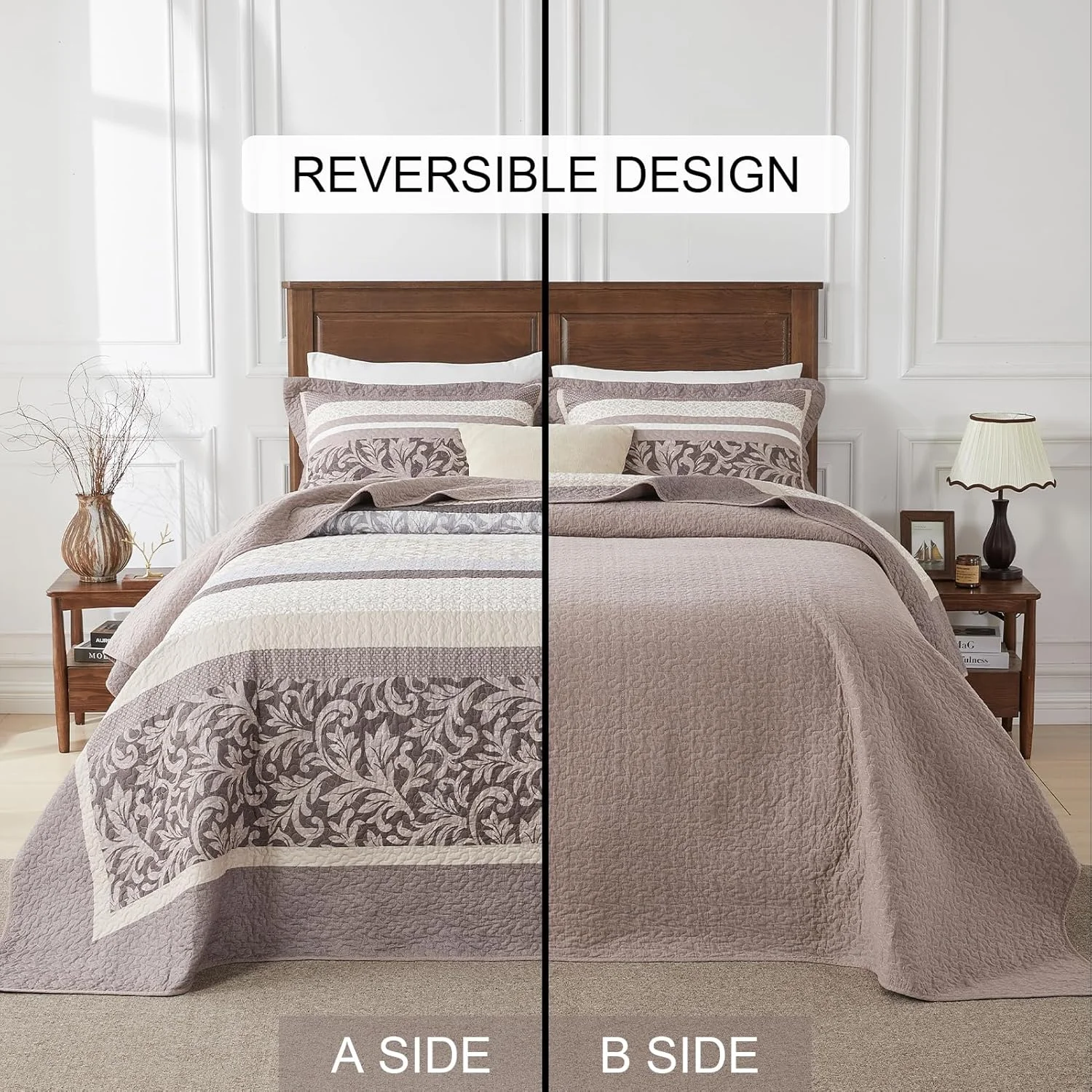 SahSahCasa 100% Cotton 120"x120" Oversized King Quilt Bedspread - California King Quilted Extra Large Comforter Lightweight Bedding Set, Cal King XL Striped Floral Bed Spread, Brown/Gray