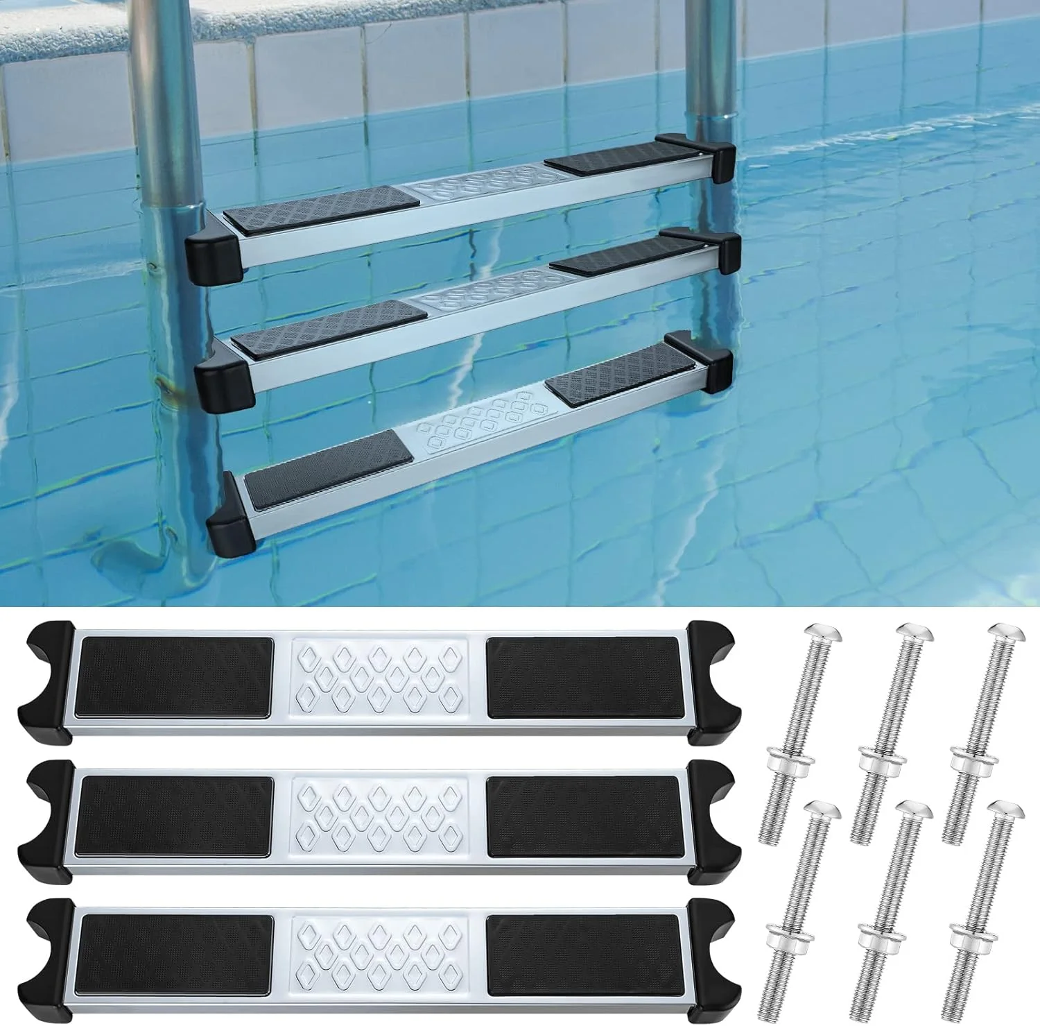 مجموعه 3 عددی پله نردبان استخر Therwen از جنس استیل ضد زنگ، جایگزین پله های نردبان استخر، 1.9 اینچ، پله نردبان استخر ضد لغزش با پیچ و مهره، پدال پله ای برای استخرهای روکار و توکار