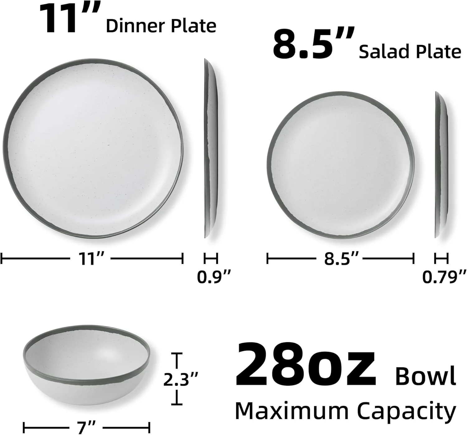 سرویس غذاخوری ملامین خاکستری لبه دار La Joventino Vintage مناسب برای 6 نفر، ست بشقاب و کاسه کمپینگ، ظروف غذاخوری بادوام برای استفاده در فضای باز
