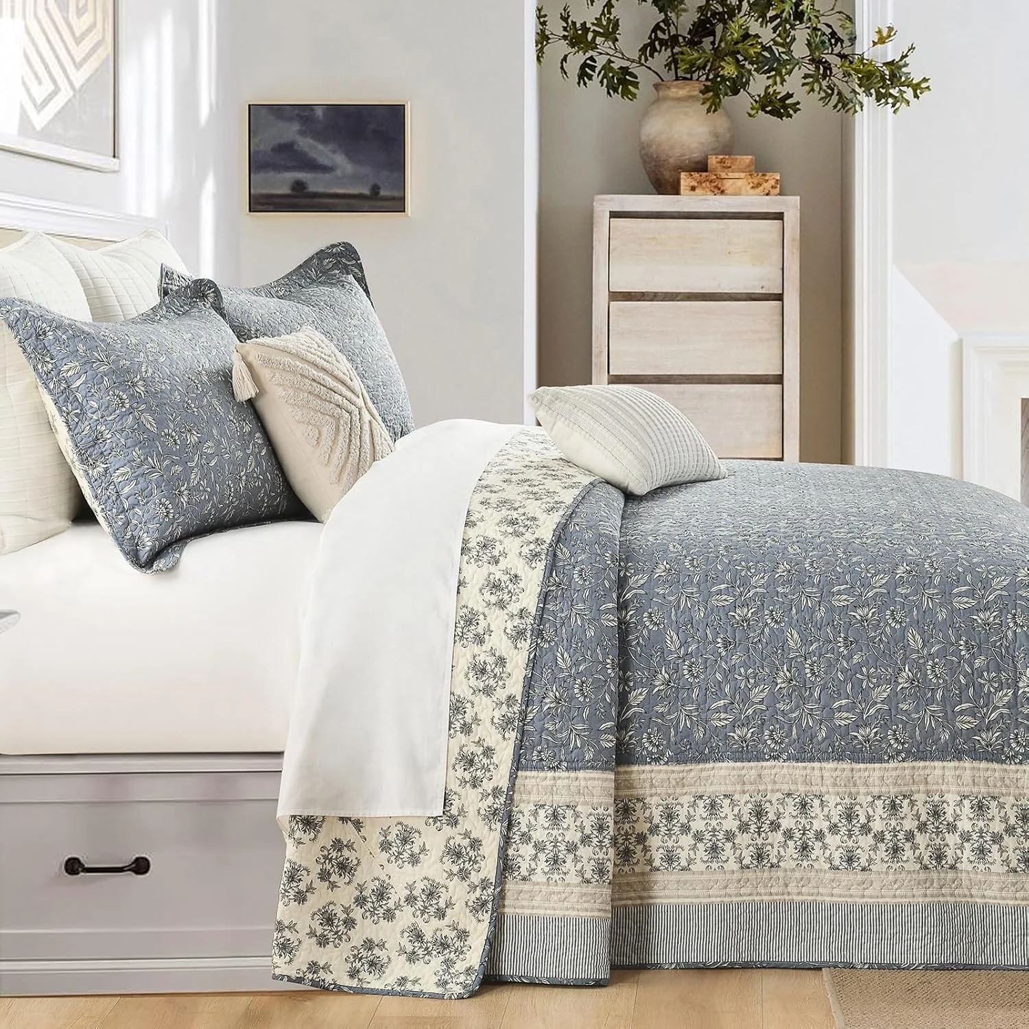 ست روتختی لحافی بزرگ سایز SahSahCasa، 100% پنبه، 325×305 سانتی متر، خاکستری/بژ/آبی