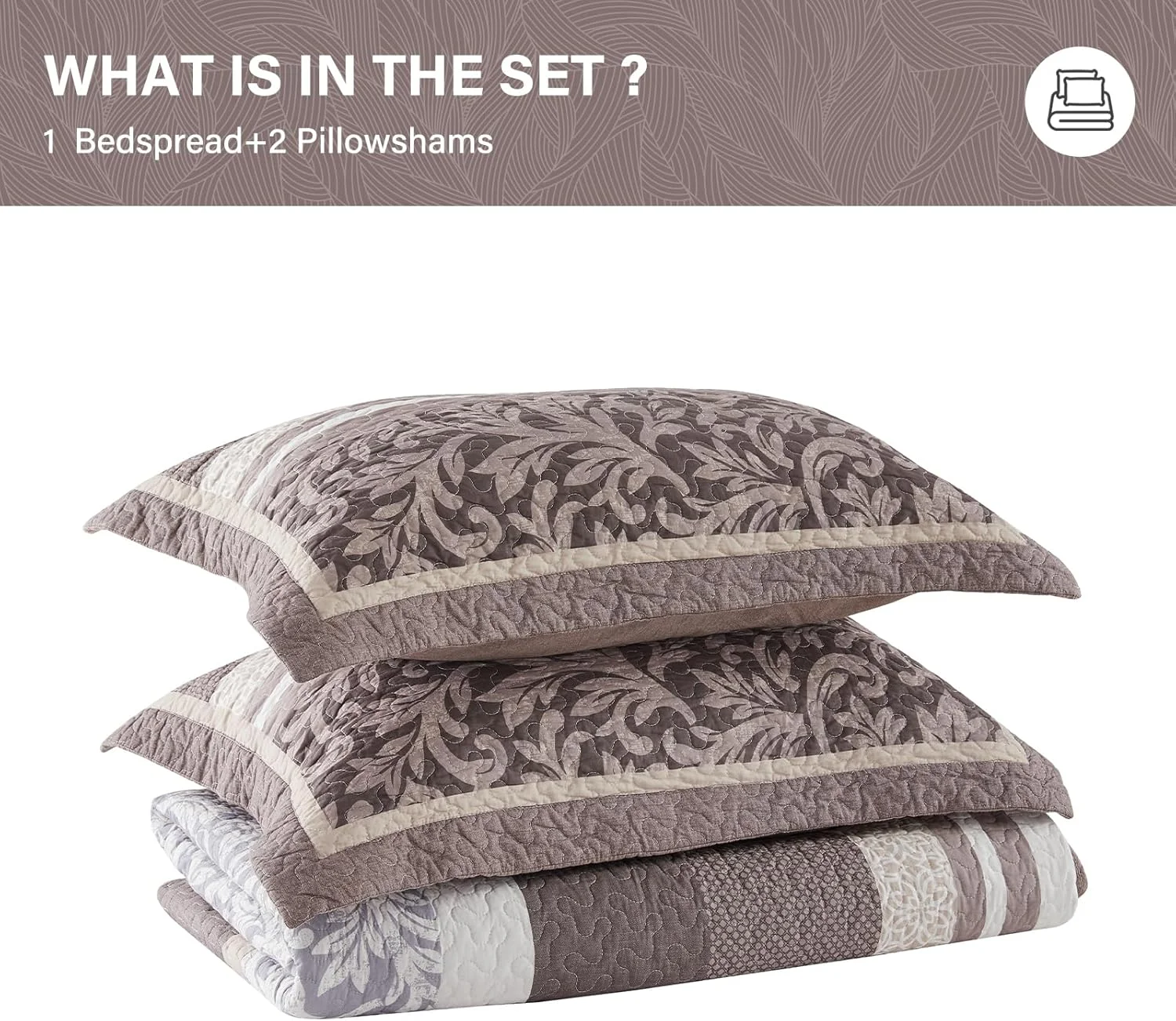 SahSahCasa 100% Cotton 120"x120" Oversized King Quilt Bedspread - California King Quilted Extra Large Comforter Lightweight Bedding Set, Cal King XL Striped Floral Bed Spread, Brown/Gray