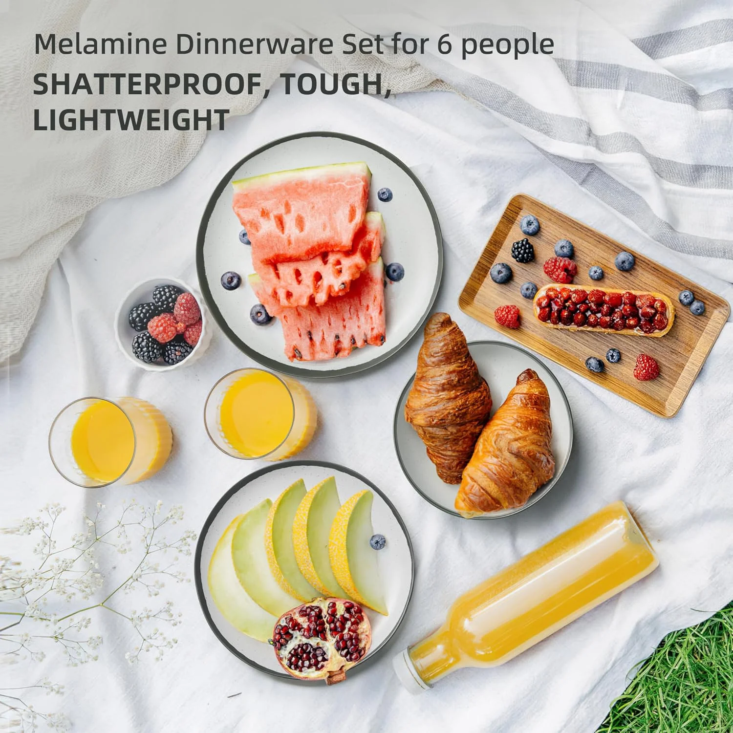 سرویس غذاخوری ملامین خاکستری لبه دار La Joventino Vintage مناسب برای 6 نفر، ست بشقاب و کاسه کمپینگ، ظروف غذاخوری بادوام برای استفاده در فضای باز