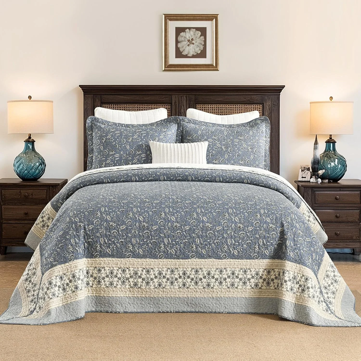 ست روتختی لحافی بزرگ سایز SahSahCasa، 100% پنبه، 325×305 سانتی متر، خاکستری/بژ/آبی