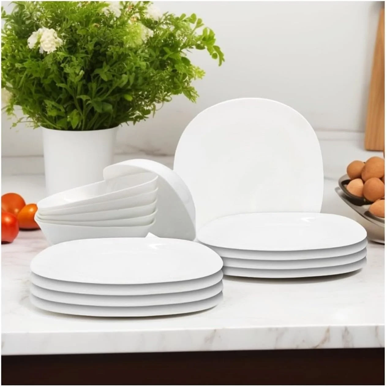 سرویس غذاخوری 48 پارچه اوپال هوزی شامل 8 عدد بشقاب غذاخوری، 8 عدد بشقاب دسر، 8 عدد بشقاب سوپ، 8 عدد کاسه، 6 عدد فنجان، 6 عدد نعلبکی، 2 عدد کاسه سرو و 2 عدد دیس