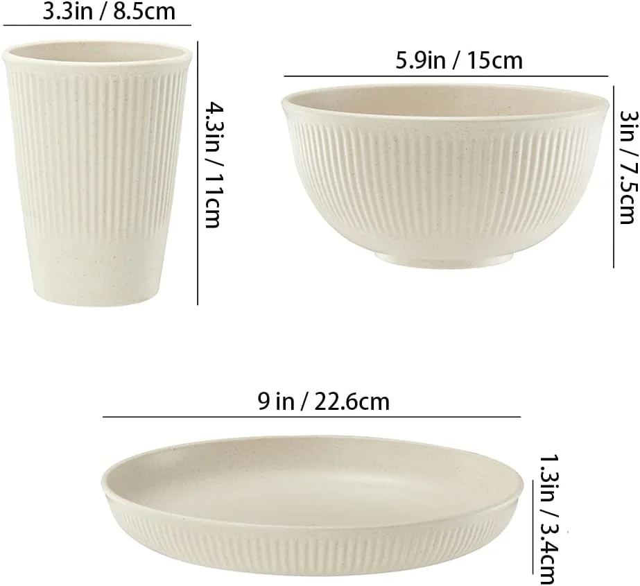 سرویس ظروف غذاخوری 18 تکه HXYPN از جنس کاه گندم، ظروف نشکن و قابل استفاده مجدد شامل فنجان، بشقاب و کاسه، قابل شستشو در ماشین ظرفشویی و استفاده در مایکروویو