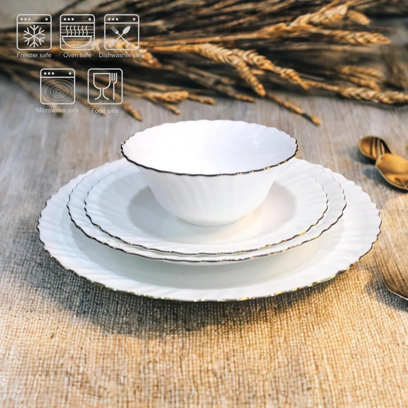 سرویس غذاخوری ۳۴ پارچه اوپال با خط طلایی Houzi شامل ۸ عدد بشقاب غذاخوری، ۸ عدد بشقاب دسر، ۸ عدد بشقاب سوپ، ۸ عدد کاسه، ۱ عدد کاسه سرو، ۱ عدد دیس سرو. مناسب برای استفاده در مایکروویو، ماشین ظرفشویی و فریزر، فاقد BPA