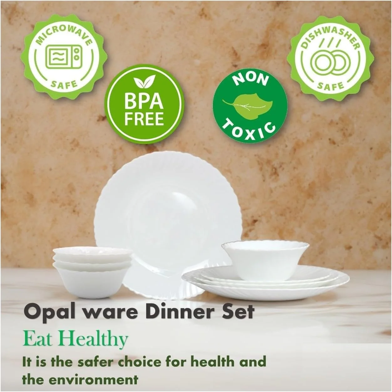 سرویس غذاخوری 12 پارچه اوپال هوزی شامل 4 عدد بشقاب غذاخوری، 4 عدد بشقاب دسرخوری، 4 عدد کاسه، قابل استفاده در مایکروویو، فریزر و ماشین ظرفشویی، بدون BPA