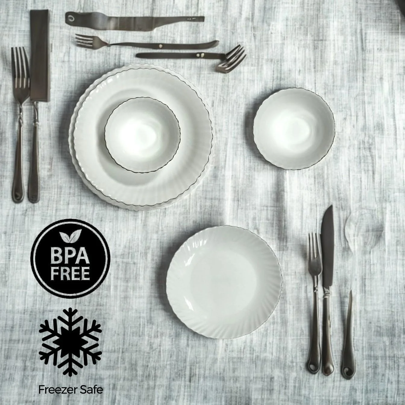 سرویس غذاخوری ۳۴ پارچه اوپال با خط طلایی Houzi شامل ۸ عدد بشقاب غذاخوری، ۸ عدد بشقاب دسر، ۸ عدد بشقاب سوپ، ۸ عدد کاسه، ۱ عدد کاسه سرو، ۱ عدد دیس سرو. مناسب برای استفاده در مایکروویو، ماشین ظرفشویی و فریزر، فاقد BPA