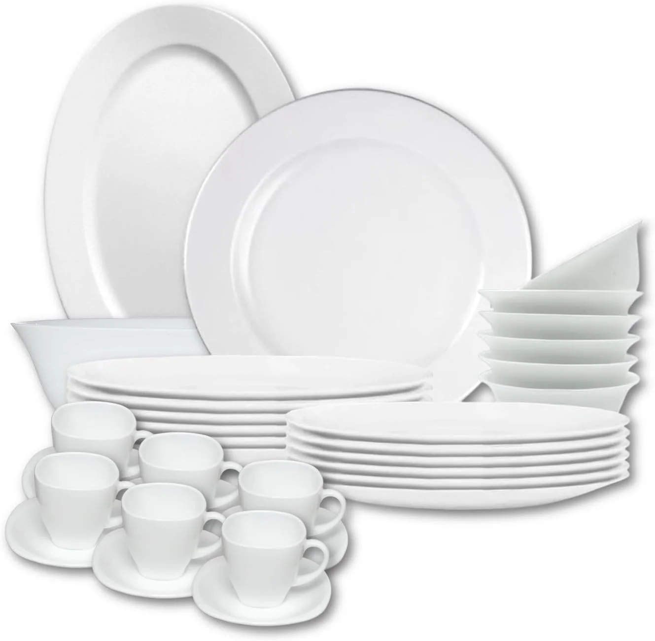 سرویس غذاخوری 38 پارچه اوپال هوزی شامل 6 بشقاب غذاخوری، 6 بشقاب دسر، 6 بشقاب سوپ، 6 کاسه، 1 دیس، 1 کاسه سرو، 6 فنجان، 6 نعلبکی، قابل شستشو در ماشین ظرفشویی، قابل استفاده در فریزر و مایکروویو، فاقد BPA