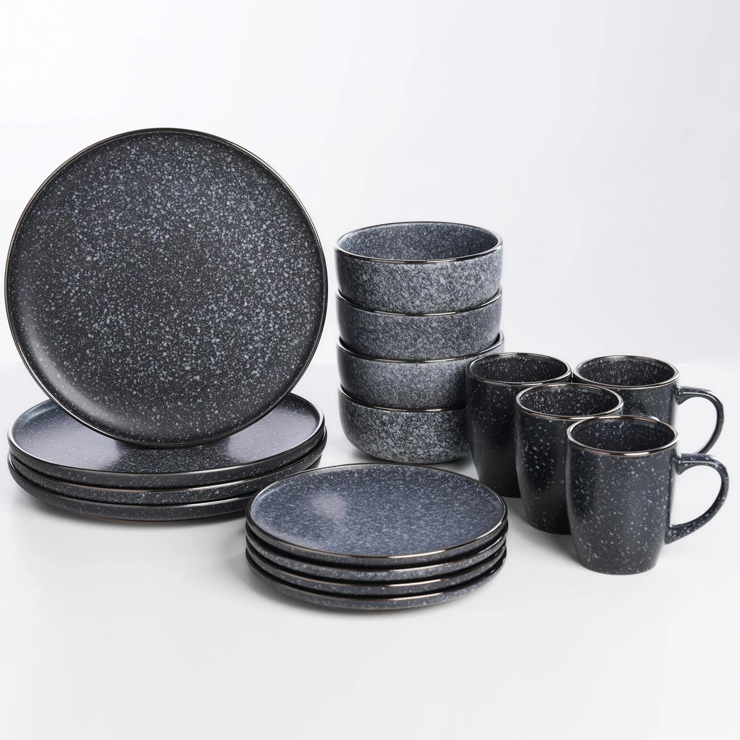 سرویس غذاخوری 16 پارچه سنگی HOMD، سرویس ظروف آشپزخانه سرامیکی، سرویس غذاخوری برای 4 نفر، شامل بشقاب غذاخوری، بشقاب دسر، کاسه غلات و لیوان (آبی دانه برفی)