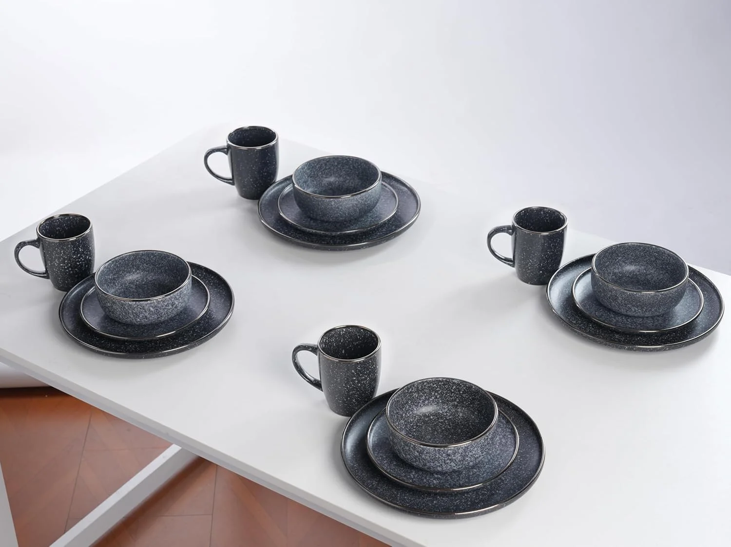 سرویس غذاخوری 16 پارچه سنگی HOMD، سرویس ظروف آشپزخانه سرامیکی، سرویس غذاخوری برای 4 نفر، شامل بشقاب غذاخوری، بشقاب دسر، کاسه غلات و لیوان (آبی دانه برفی)