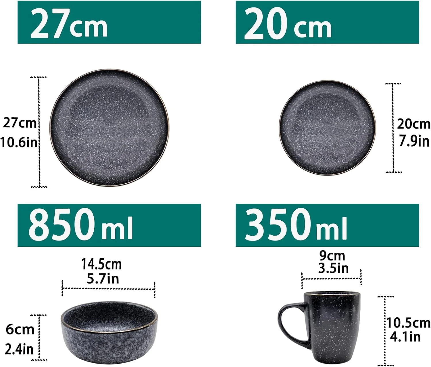 سرویس غذاخوری 16 پارچه سنگی HOMD، سرویس ظروف آشپزخانه سرامیکی، سرویس غذاخوری برای 4 نفر، شامل بشقاب غذاخوری، بشقاب دسر، کاسه غلات و لیوان (آبی دانه برفی)