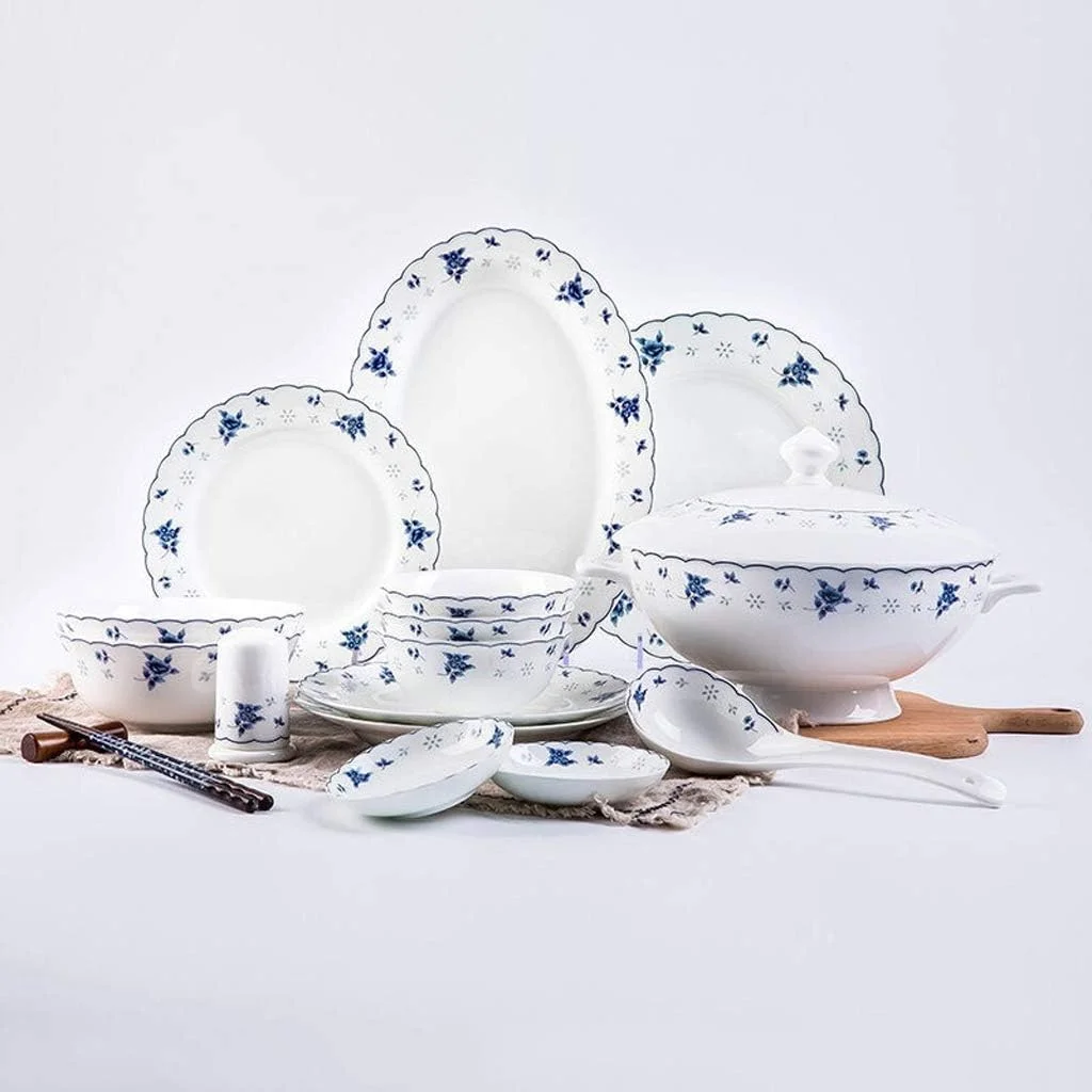 ست ظروف شام خوری سرامیکی لوکس، 48 تکه، ست ظروف غذاخوری چینی آبی و سفید / ست ظروف برای هدیه عروسی و دورهمی خانوادگی