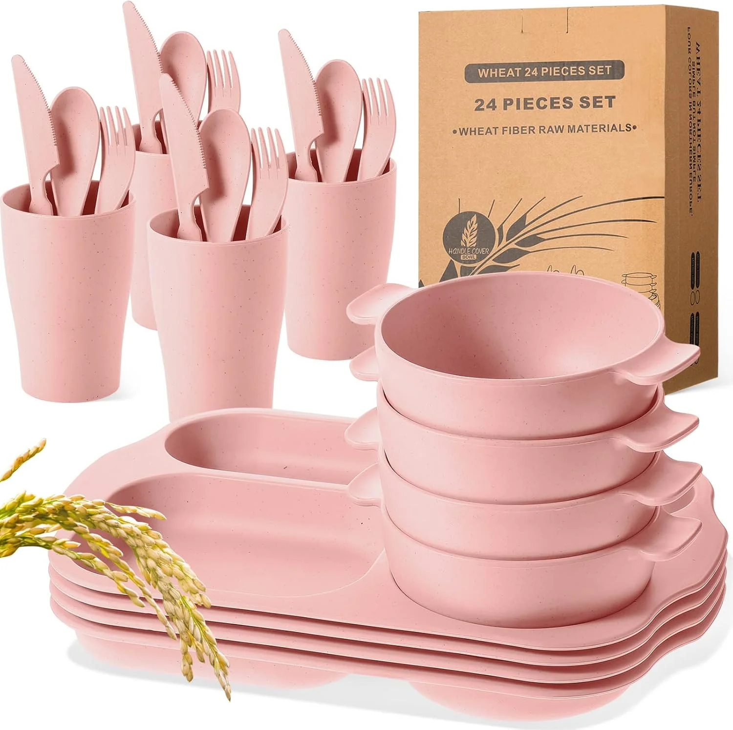 ست ظروف غذاخوری 24 تکه نی گندم Honoson شامل بشقاب های تقسیم شده نشکن، کاسه های ایمن برای مایکروویو و ماشین ظرفشویی، ظروف غذاخوری نشکن، قاشق، چاقو، چنگال و فنجان (صورتی)