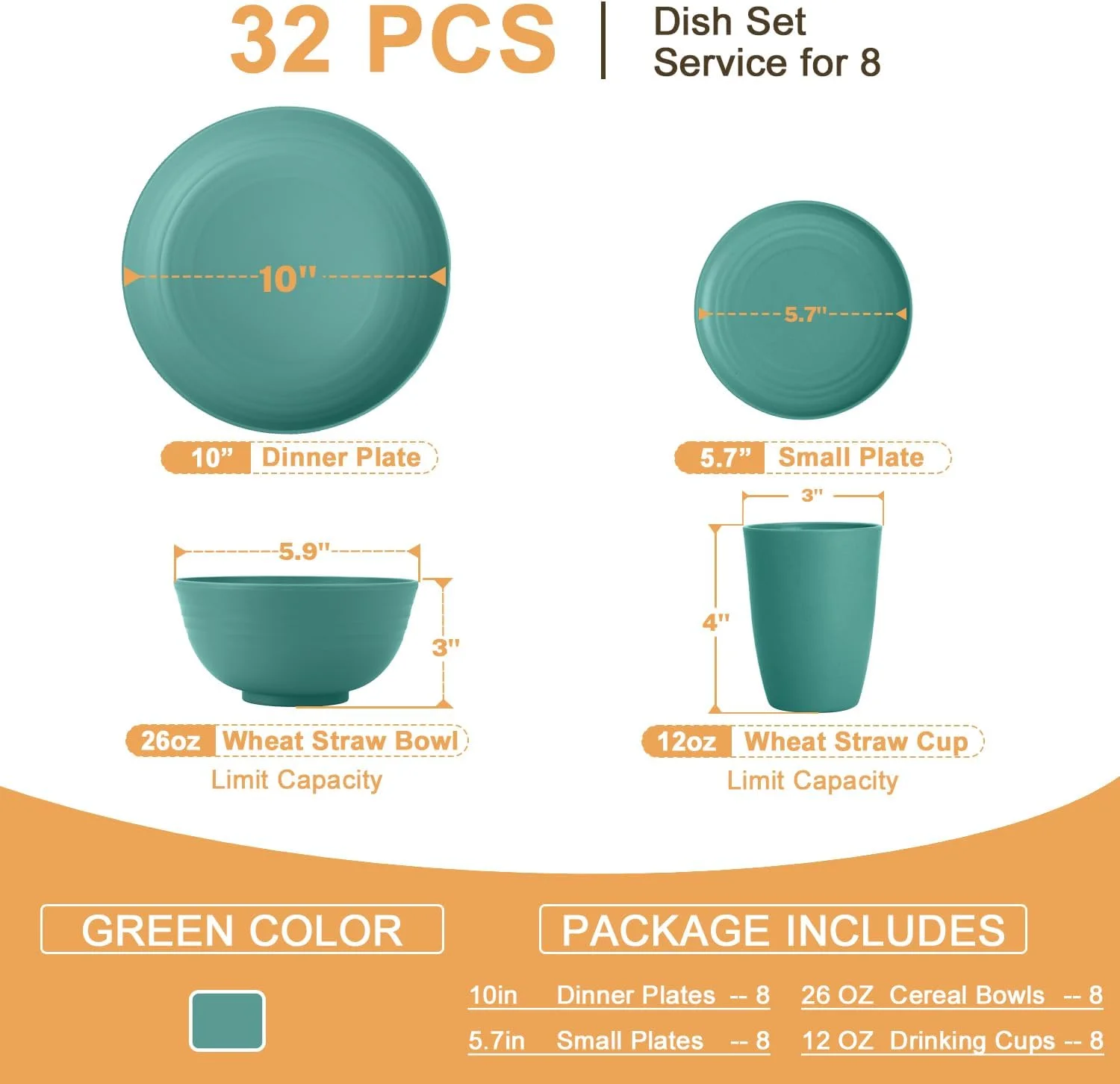 سرویس ظروف غذاخوری کاه گندم هومینلی، ست بشقاب و کاسه، ست 32 تکه ظروف برای 8 نفر، سرویس برای 8 نفر، ست ظروف غذاخوری سبک وزن نشکن برای کمپینگ، فضای باز، RV، قابل استفاده در مایکروویو و ماشین ظرفشویی - سبز