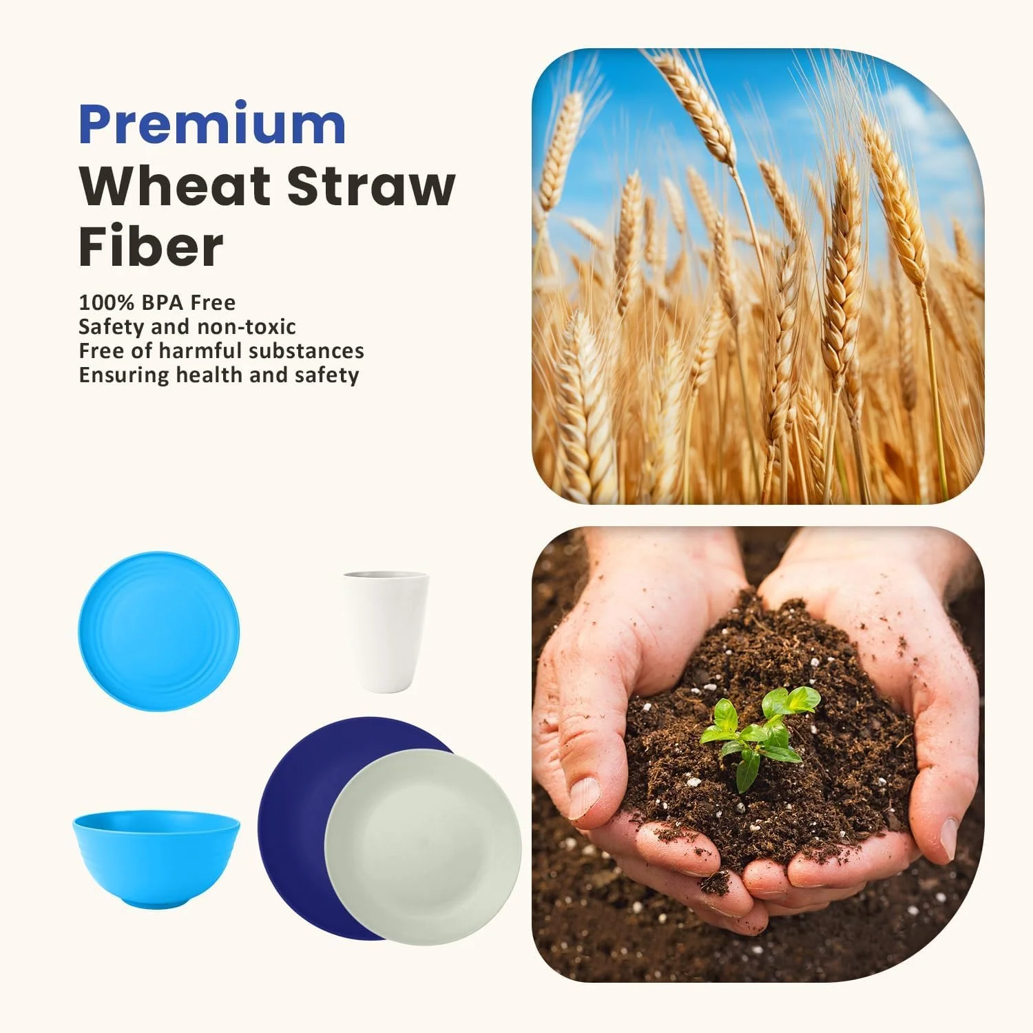 ست ظروف 40 پارچه کاه گندم هومینلی، شامل بشقاب، کاسه و فنجان، مناسب برای 8 نفر، نشکن، قابل استفاده در مایکروویو و ماشین ظرفشویی، ست ظروف پلاستیکی قابل استفاده مجدد - Island, Matte