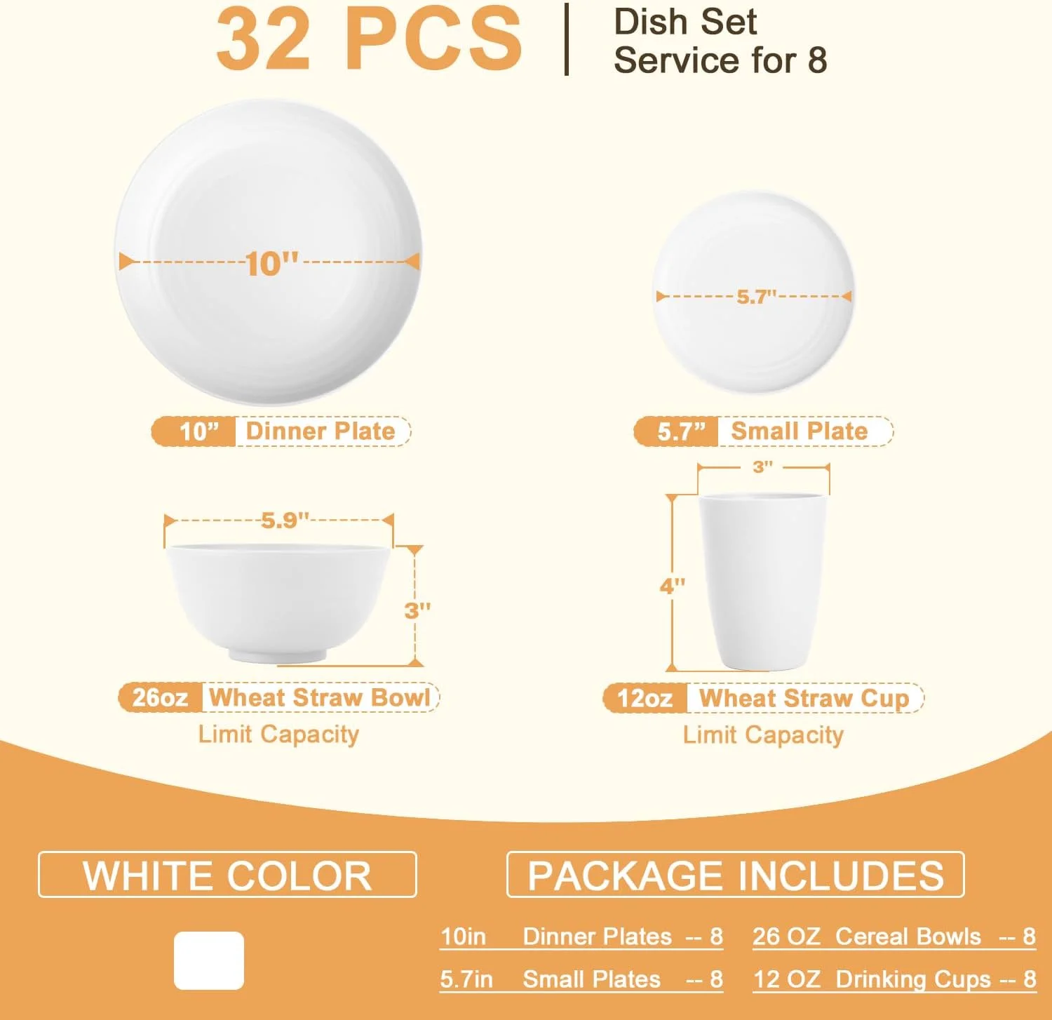 ست ظروف غذاخوری 32 تکه کاه گندم Homienly، جایگزین ظروف پلاستیکی، نشکن و سبک - بشقاب غذاخوری، کاسه سوپ، لیوان نوشیدنی برای آشپزخانه، مهمانی - سفید