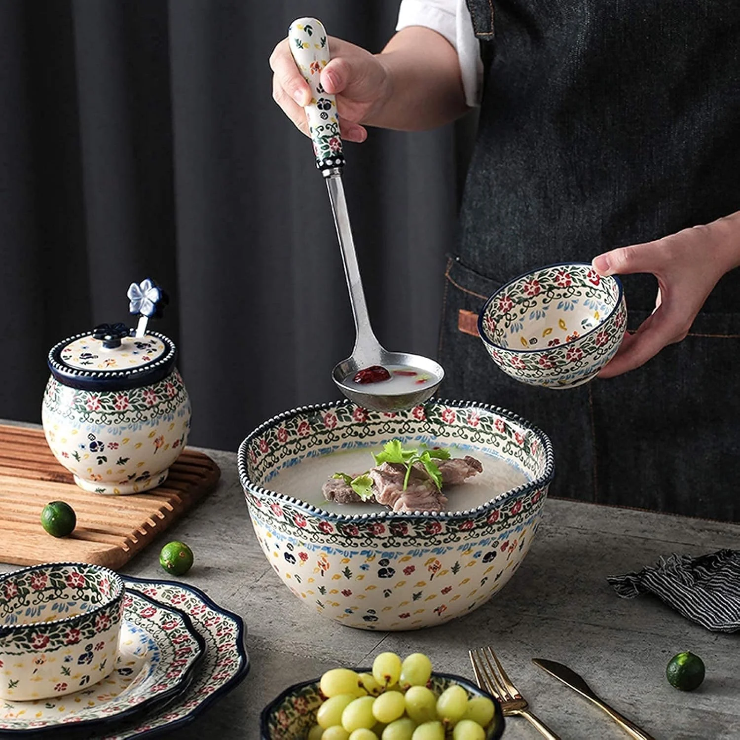 ست غذاخوری لوکس، ست های غذاخوری سرامیکی، ست ظروف چینی با طرح قدیمی شامل 21 تکه بشقاب استیک و کاسه غلات مناسب هدیه عروسی و خانه نویی