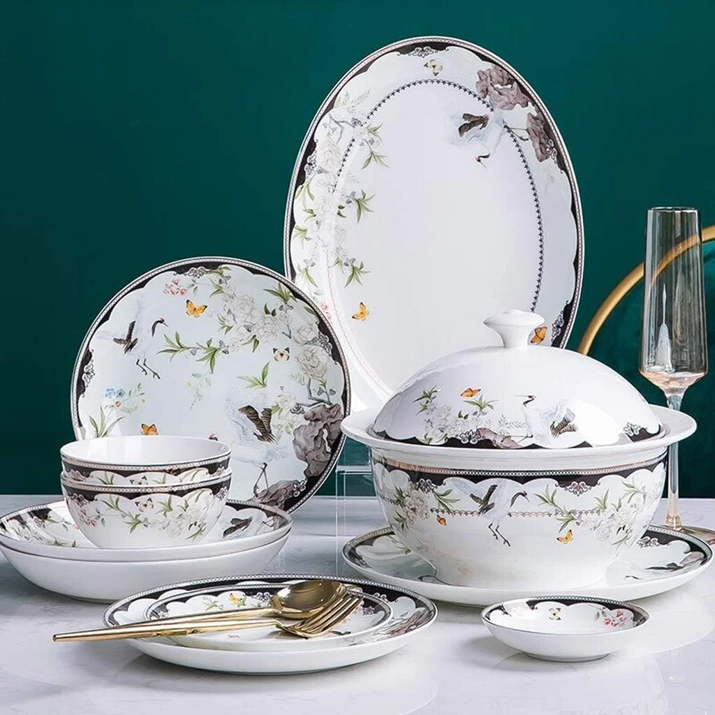 ست ظروف غذاخوری سرامیکی لوکس 46 تکه، ست ظروف چینی خلاقانه برای دورهمی های خانوادگی/ ست بشقاب و کاسه چینی استخوانی با طرح گل و پرنده