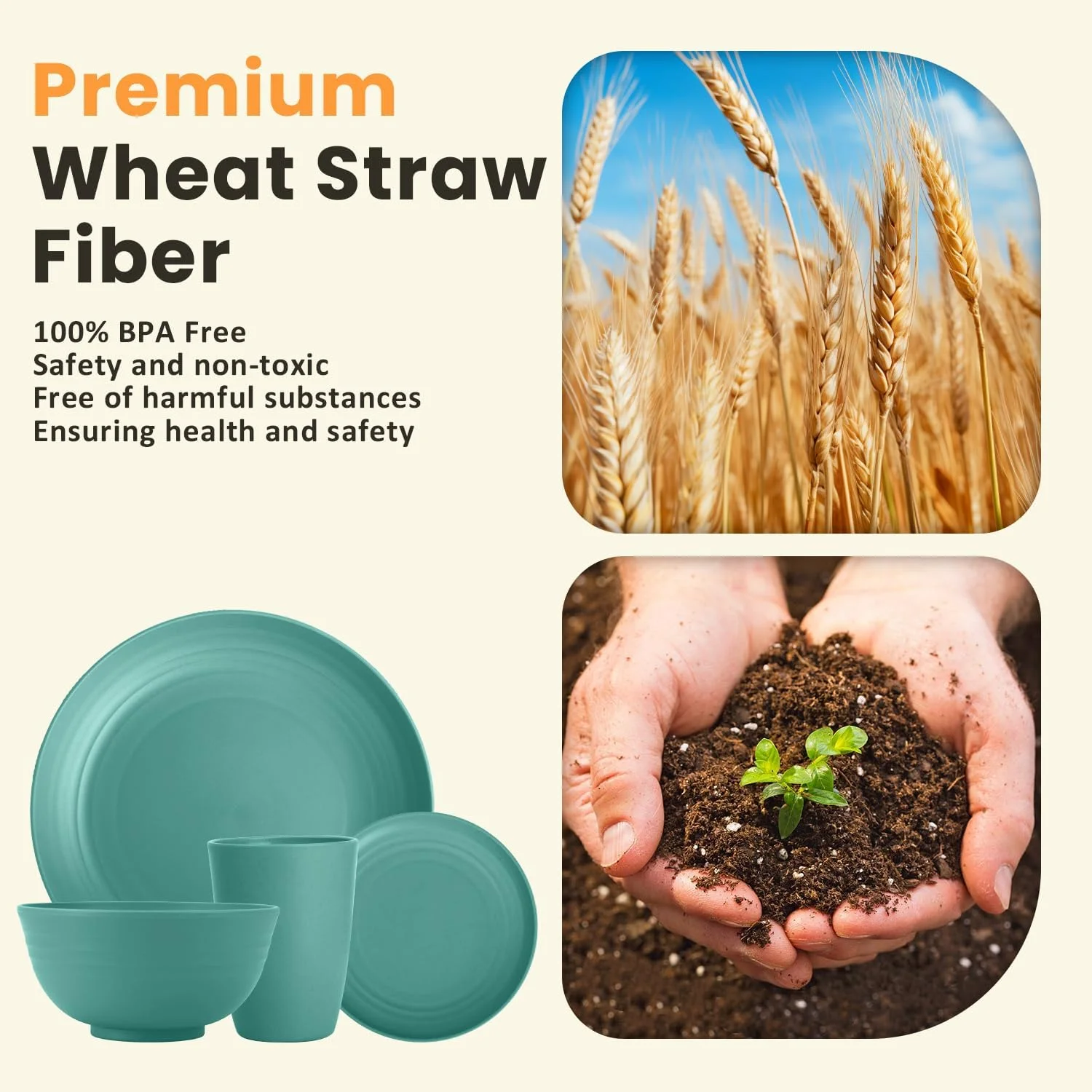 سرویس ظروف غذاخوری کاه گندم هومینلی، ست بشقاب و کاسه، ست 32 تکه ظروف برای 8 نفر، سرویس برای 8 نفر، ست ظروف غذاخوری سبک وزن نشکن برای کمپینگ، فضای باز، RV، قابل استفاده در مایکروویو و ماشین ظرفشویی - سبز