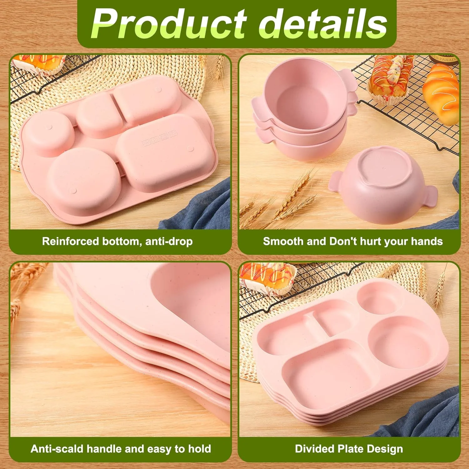 ست ظروف غذاخوری 24 تکه نی گندم Honoson شامل بشقاب های تقسیم شده نشکن، کاسه های ایمن برای مایکروویو و ماشین ظرفشویی، ظروف غذاخوری نشکن، قاشق، چاقو، چنگال و فنجان (صورتی)