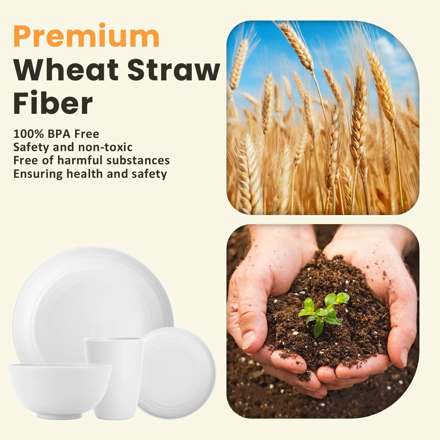 ست ظروف غذاخوری 32 تکه کاه گندم Homienly، جایگزین ظروف پلاستیکی، نشکن و سبک - بشقاب غذاخوری، کاسه سوپ، لیوان نوشیدنی برای آشپزخانه، مهمانی - سفید