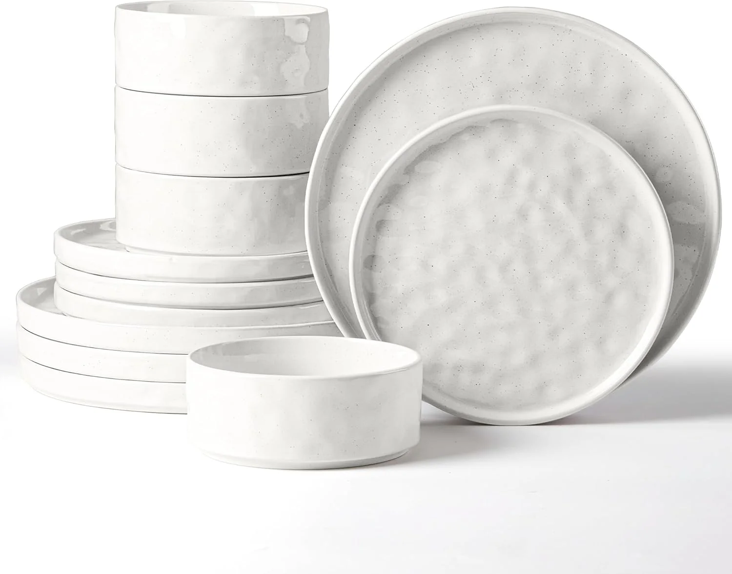 سرویس غذاخوری 12 پارچه Herogo، ظروف سنگی برای 4 نفر، بشقاب و کاسه های غذاخوری با لعاب واکنش گرا، قابل استفاده در مایکروویو و ماشین ظرفشویی، مقاوم در برابر خراش، سفید صدفی خالدار و شیک