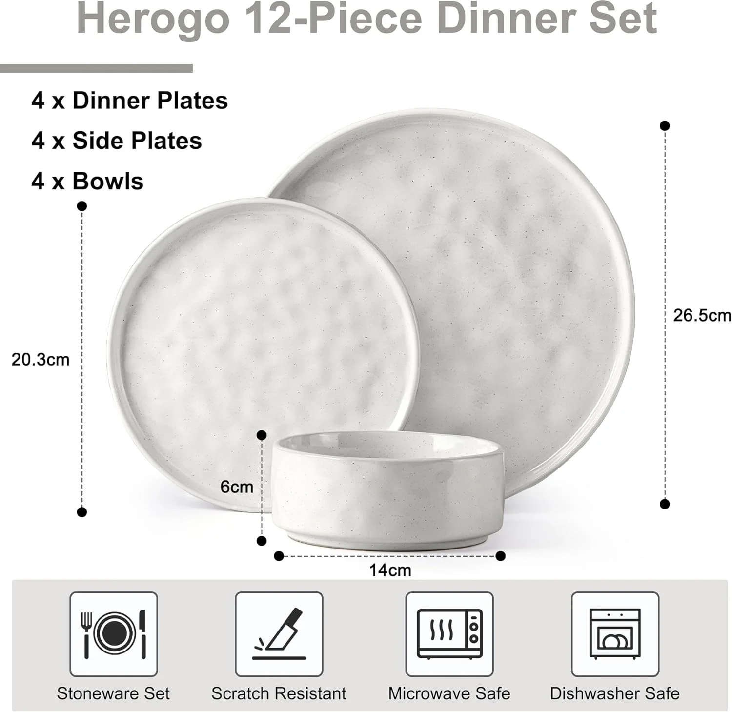 سرویس غذاخوری 12 پارچه Herogo، ظروف سنگی برای 4 نفر، بشقاب و کاسه های غذاخوری با لعاب واکنش گرا، قابل استفاده در مایکروویو و ماشین ظرفشویی، مقاوم در برابر خراش، سفید صدفی خالدار و شیک