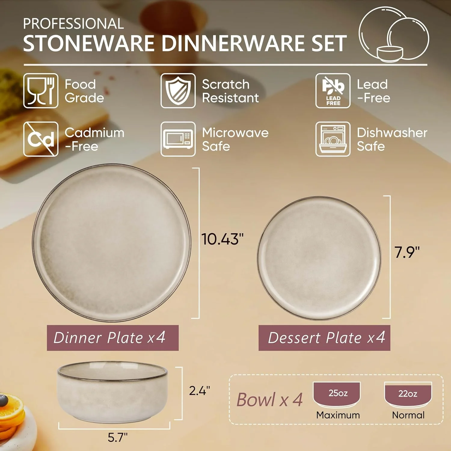 ست بشقاب و کاسه سنگی Herogo برای 4 نفر، 12 تکه ظروف غذاخوری مدرن گرد، ست ظروف لعاب واکنش‌گرا برای آشپزخانه، مقاوم در برابر لب پر شدن، قابل استفاده در مایکروویو و ماشین ظرفشویی، کرم خاکی