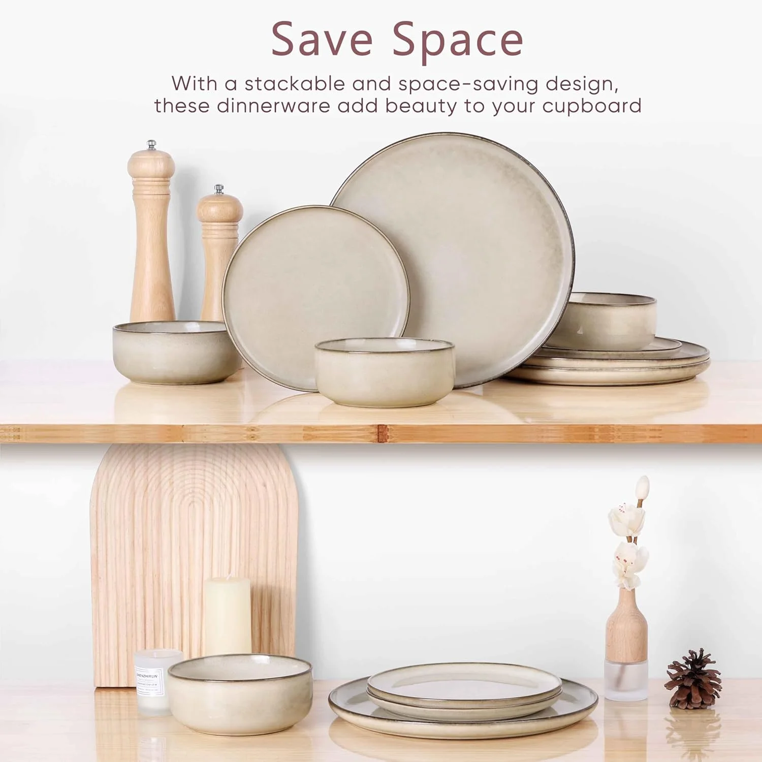 ست بشقاب و کاسه سنگی Herogo برای 4 نفر، 12 تکه ظروف غذاخوری مدرن گرد، ست ظروف لعاب واکنش‌گرا برای آشپزخانه، مقاوم در برابر لب پر شدن، قابل استفاده در مایکروویو و ماشین ظرفشویی، کرم خاکی