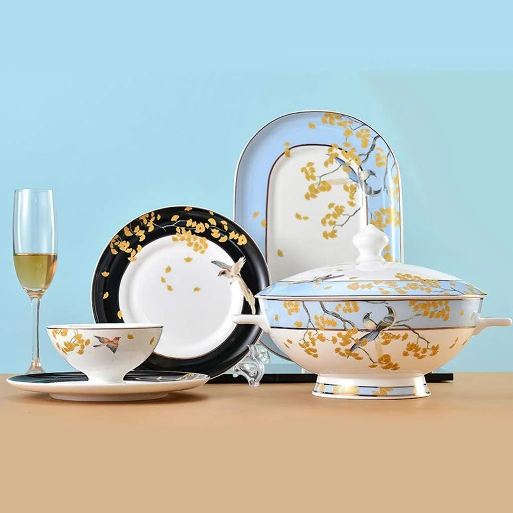 ست ظروف شام خوری سرامیکی لوکس، هدیه عروسی، ست غذاخوری چینی استخوانی ترکیبی خلاقانه - ست 51 تکه بشقاب و کاسه چینی برای خانواده