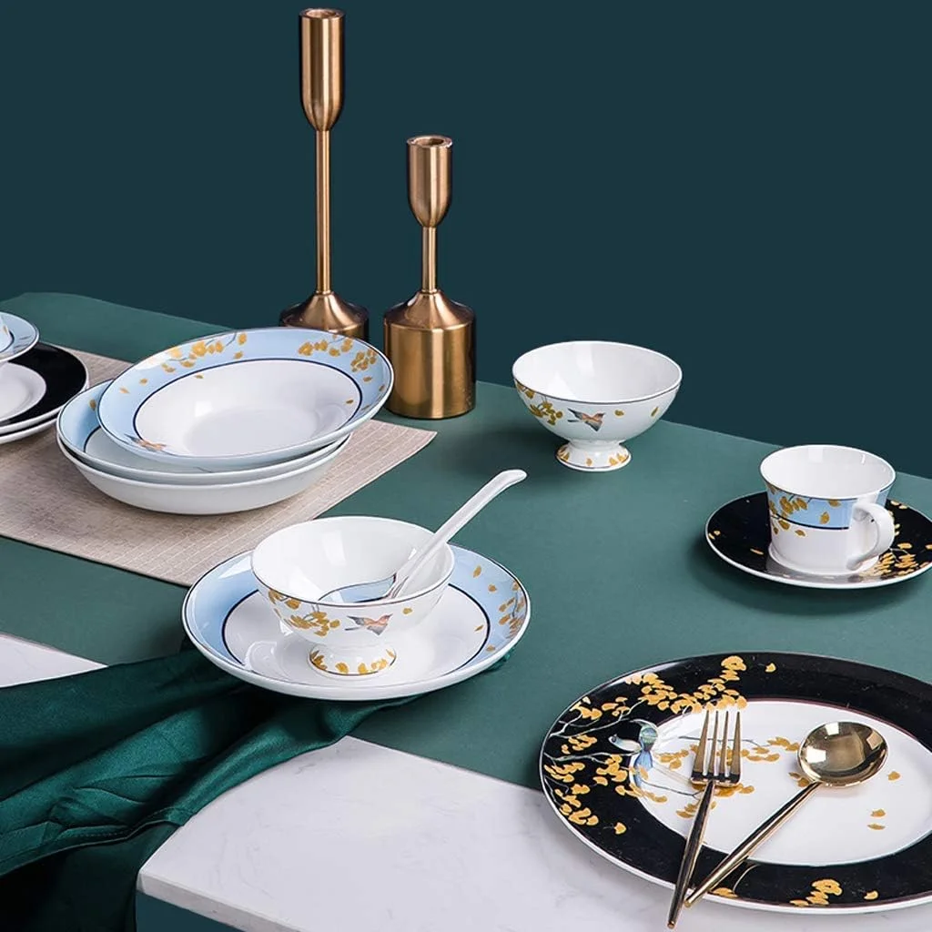ست ظروف شام خوری سرامیکی لوکس، هدیه عروسی، ست غذاخوری چینی استخوانی ترکیبی خلاقانه - ست 51 تکه بشقاب و کاسه چینی برای خانواده