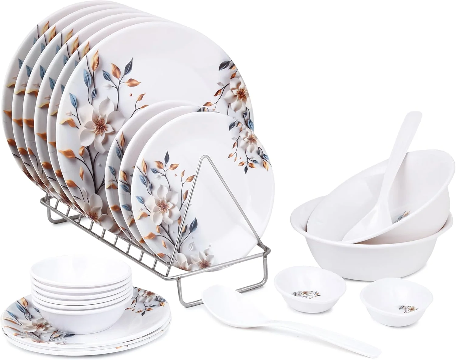 سرویس غذاخوری کامل ملامین طرح گل ماهی طلایی (24 تکه) (سفید، آبی)