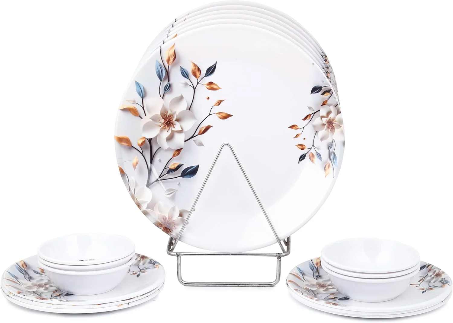 سرویس غذاخوری کامل ملامین طرح گل ماهی طلایی (24 تکه) (سفید، آبی)