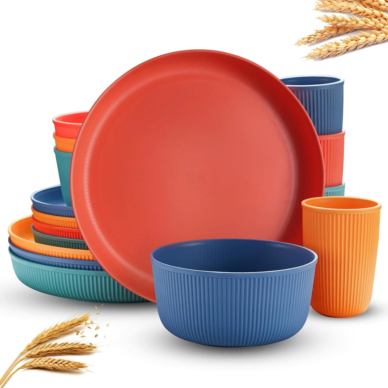 GoGoSprint Wheat Straw Dinnerware Sets For 4, Microwave Safe Plates And Bowls Sets, 4pcs Dishes, 4pcs Plates,4pcs Bowls,4pcs Cups,Unbreakable Plates and Bowls Sets For Camping,Outdoor