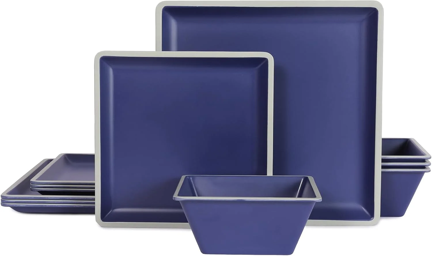 Gofunfun Square Melamine Dinnerware Sets， Durable Square Dinner Plates and Bowls Set,12-Piece Set Non-breakable Lightweight Dinner Tableware Sets, Service for 4, Blue