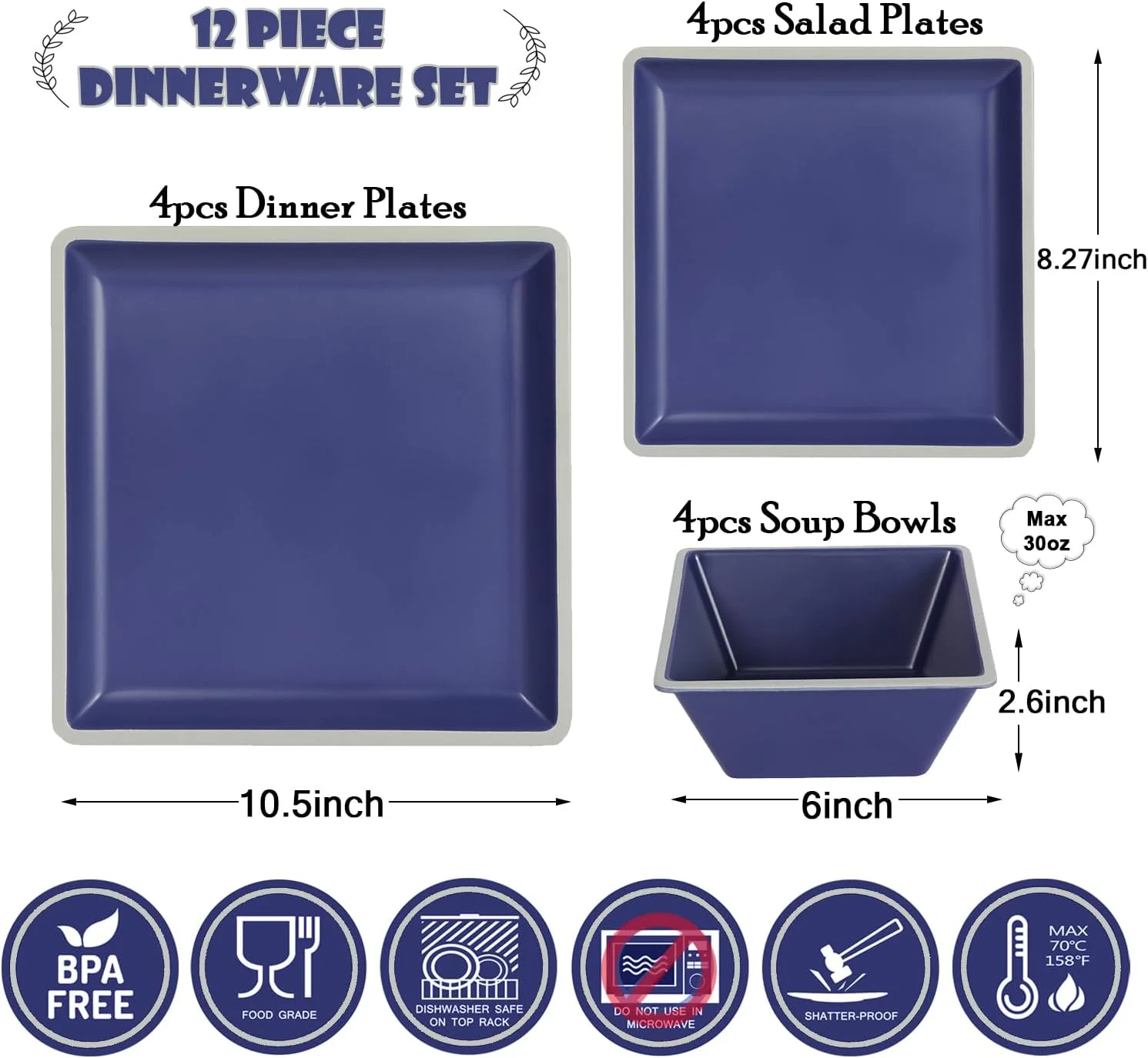 Gofunfun Square Melamine Dinnerware Sets， Durable Square Dinner Plates and Bowls Set,12-Piece Set Non-breakable Lightweight Dinner Tableware Sets, Service for 4, Blue