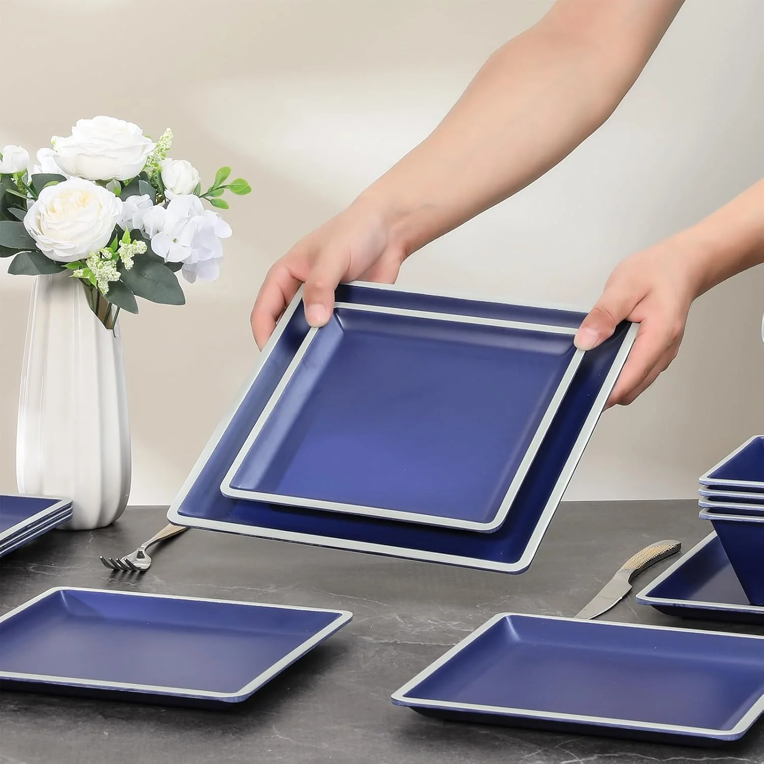 Gofunfun Square Melamine Dinnerware Sets， Durable Square Dinner Plates and Bowls Set,12-Piece Set Non-breakable Lightweight Dinner Tableware Sets, Service for 4, Blue