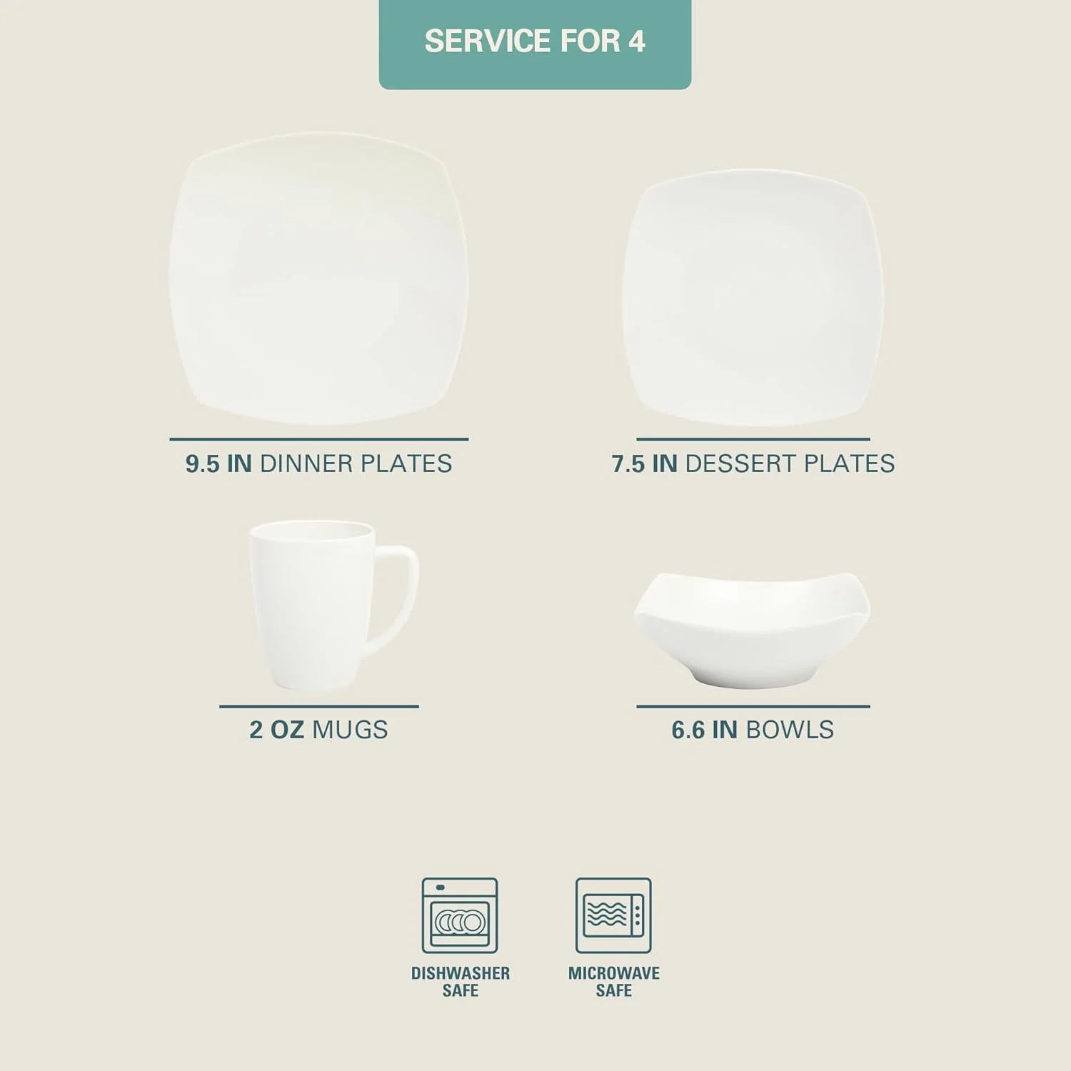 سرویس غذاخوری چینی 16 پارچه گیبسون سوهو لانژ هوم ذن بوفه، مناسب برای 4 نفر، سفید (مربع)