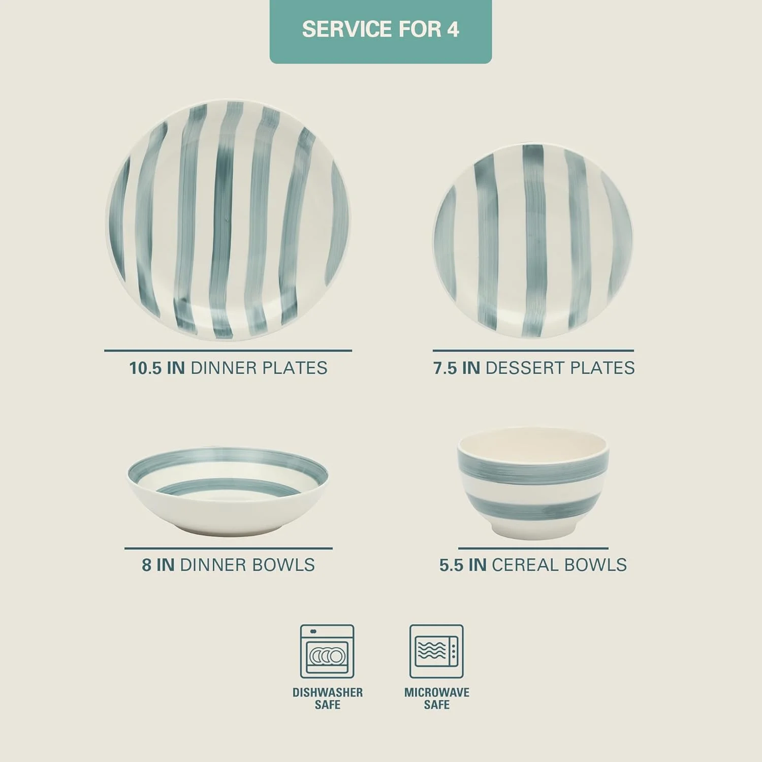 سرویس غذاخوری 16 پارچه گیبسون هوم مدل Kenwood Shores، راه راه آبی، ظروف سنگی نقاشی شده با دست، بشقاب و کاسه، مناسب برای 4 نفر، قابل استفاده در مایکروویو و ماشین ظرفشویی