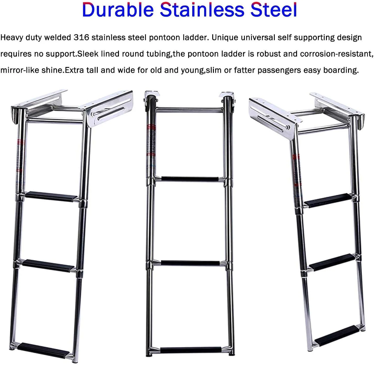 نردبان 3 پله استیل ضد زنگ قایق پونتون برای قایق تفریحی دریایی و استخر شنا، نردبان تلسکوپی تاشو با دسته داخلی و پله های پهن تر