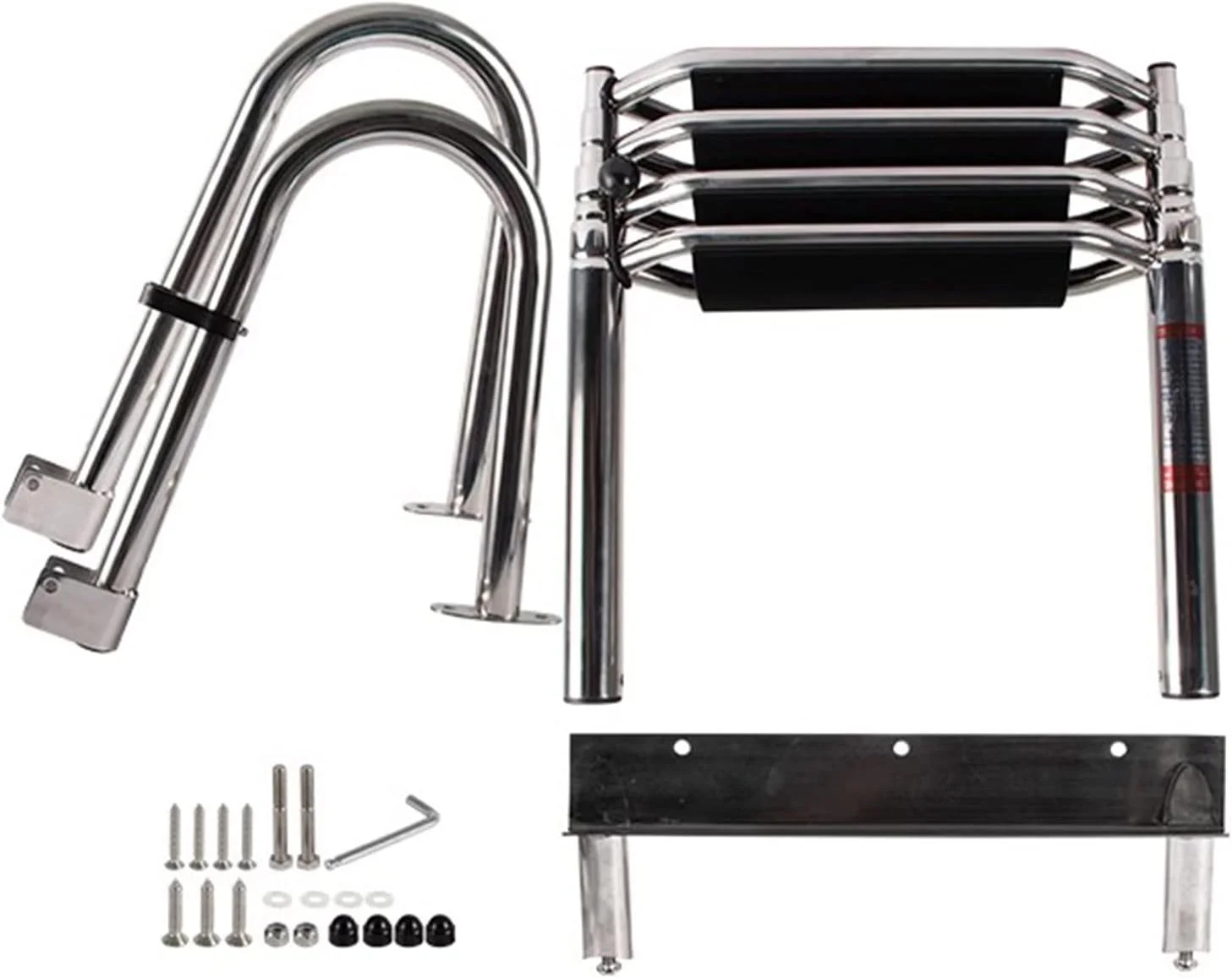 نردبان قایق استیل ضد زنگ 4 پله تاشو، نردبان سوار شدن به قایق، نردبان اسکله، نردبان دریایی، نردبان عرشه شنا، ورود از عقب با سکوی بالایی شنای استخر بسیار پهن