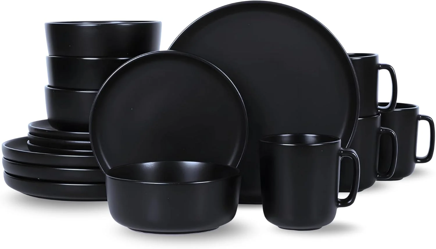 سرویس غذاخوری 16 پارچه سرامیکی استون ور FEELINGS | ظروف غذاخوری بادوام برای استفاده روزمره | شامل بشقاب، کاسه و لیوان | طراحی شیک و زیبا | قابل شستشو در ماشین ظرفشویی و استفاده در مایکروویو (مشکی 2)