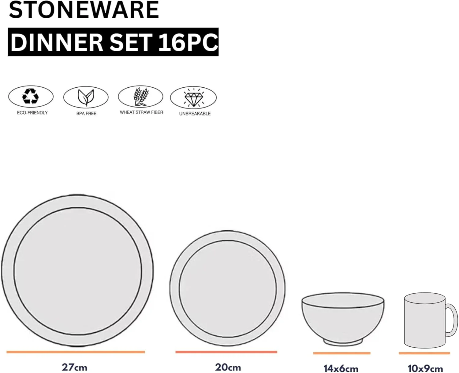 سرویس غذاخوری 16 پارچه سرامیکی استون ور FEELINGS | ظروف غذاخوری بادوام برای استفاده روزمره | شامل بشقاب، کاسه و لیوان | طراحی شیک و زیبا | قابل شستشو در ماشین ظرفشویی و استفاده در مایکروویو (مشکی 2)