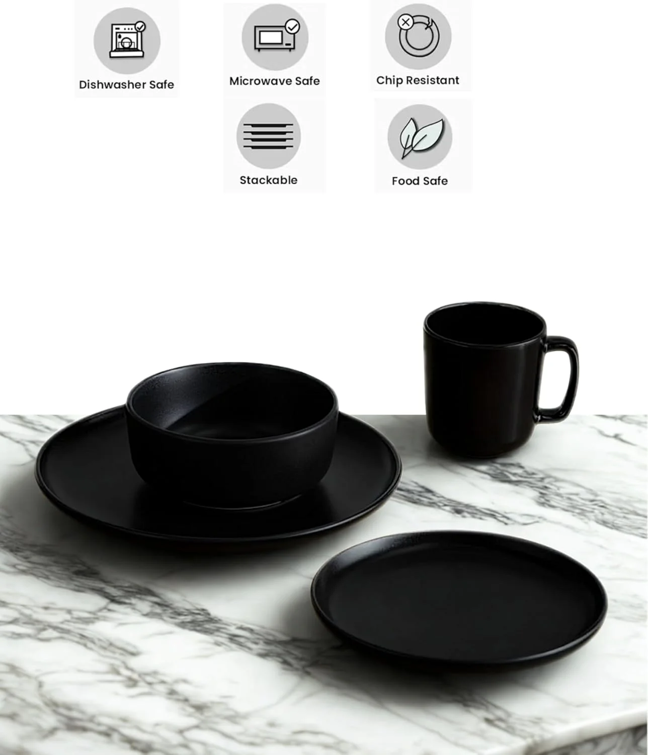 سرویس غذاخوری 16 پارچه سرامیکی استون ور FEELINGS | ظروف غذاخوری بادوام برای استفاده روزمره | شامل بشقاب، کاسه و لیوان | طراحی شیک و زیبا | قابل شستشو در ماشین ظرفشویی و استفاده در مایکروویو (مشکی 2)